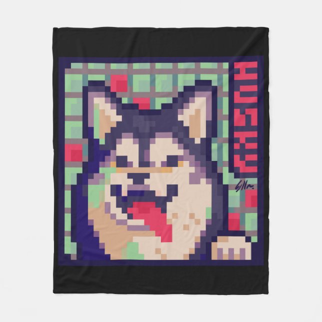 Husky Pixel Art, Pixelart Fleecefilt (Framsidan)