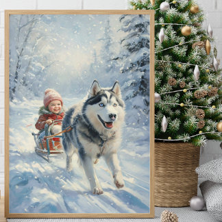 Husky Pulls a Child på en Sled Poster