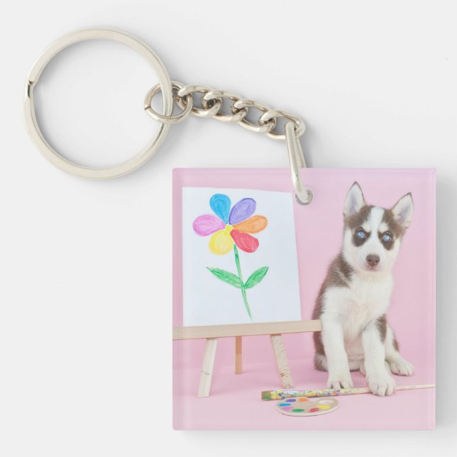 Husky Puppy Måla en regnbågsblomma (Framsidan)