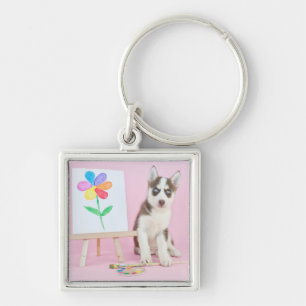 Husky Puppy Måla en regnbågsblomma Fyrkantig Silverfärgad Nyckelring