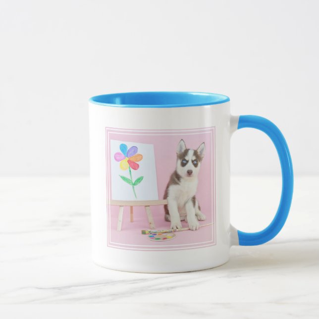 Husky Puppy Måla en regnbågsblomma Mugg (Höger)