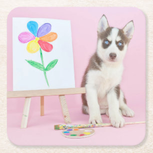 Husky Puppy Måla en regnbågsblomma Underlägg Papper Kvadrat