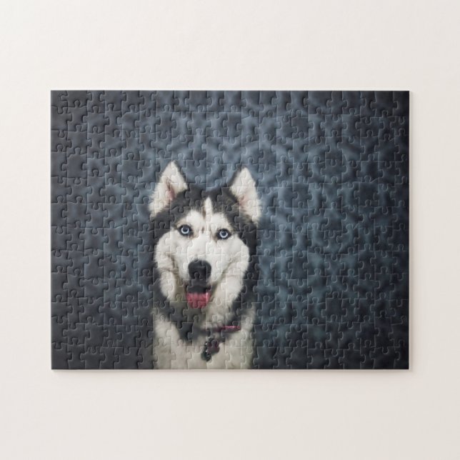 Husky Puppy Posy med Mörk Bakground Pussel (Horisontell)