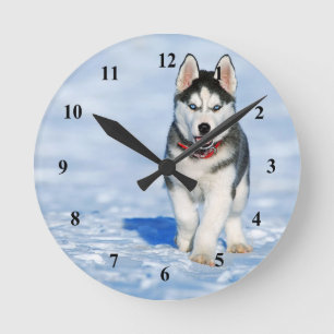 Husky Puppy Snö Photo Rund Klocka