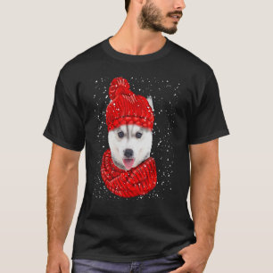 Husky Red Winter Hat jul Scarf Hund T Shirt