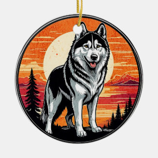 Husky Retro Solnedgång Hundälskare Julgransprydnad Keramik