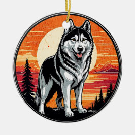 Husky Retro Sunset Dog Lover Julgransprydnad Keramik