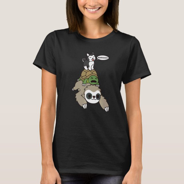 Husky Riding Sloth Tortoise Hund T Shirt (Framsida)