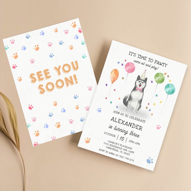 Husky Sibir Hund Pawty Puppy Birthday Rosa Inbjudningar (Skapare uppladdad)