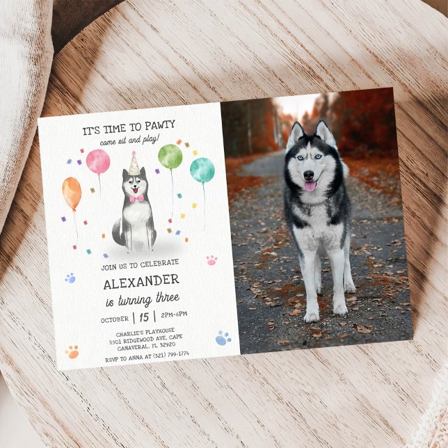 Husky Sibir Hund Pawty Puppy Birthday Rosa Photo Inbjudningar (Skapare uppladdad)