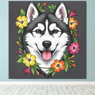 Husky slädhund och färgglada Mirablis blommor Canvastryck
