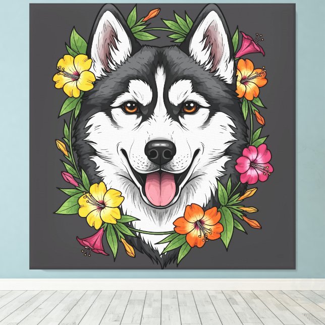 Husky slädhund och färgglada Mirablis blommor Canvastryck (Insitu (trägolv))