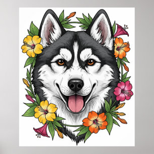Husky slädhund och färgglada Mirablis blommor Poster