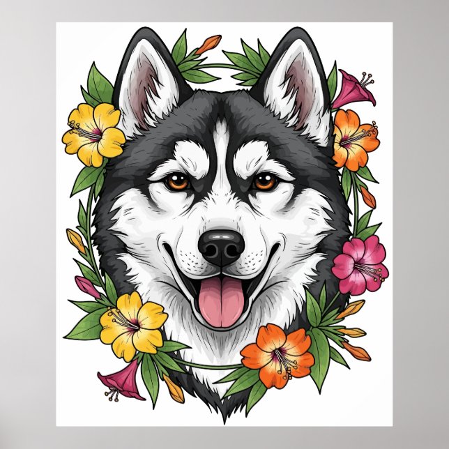 Husky Sled Dog And Colorful Mirablis Flowers Poster (Framsidan)