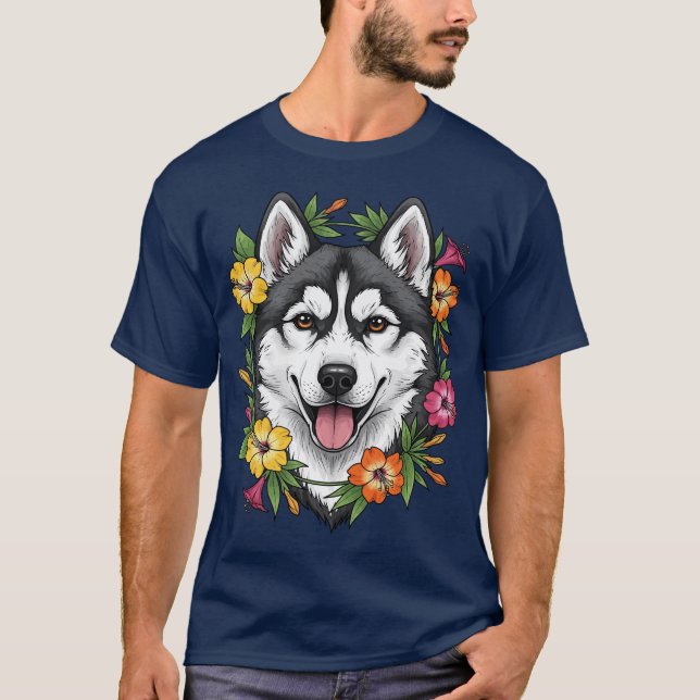 Husky Sled Dog And Colorful Mirablis Flowers T Shirt (Framsida)