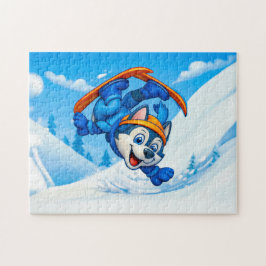 Husky som snurrar på skidor i en snöig backe pussel