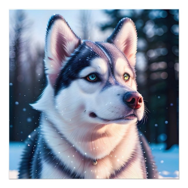 Husky stirrar in i vinter fototryck (Framsidan)