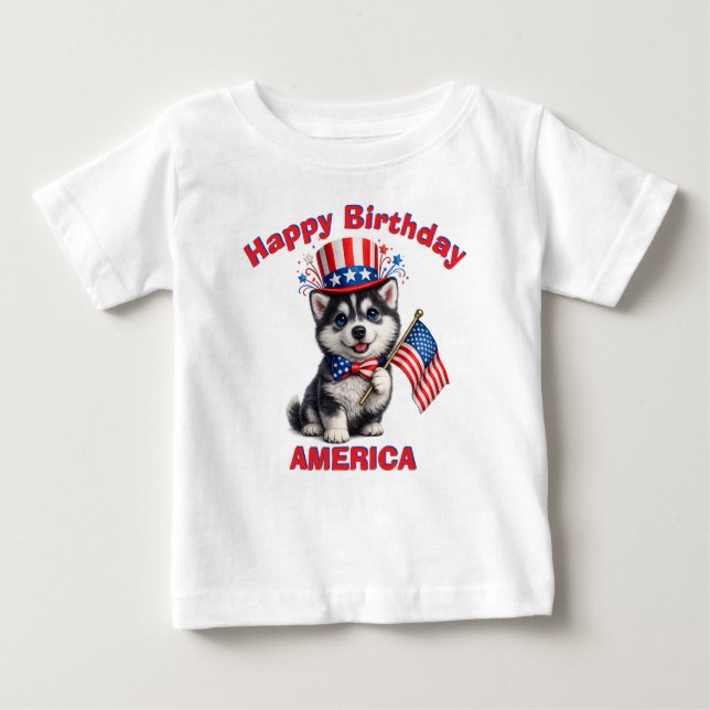 Husky Valp (2a) Patriotisk Barn T-Shirt (Framsida)