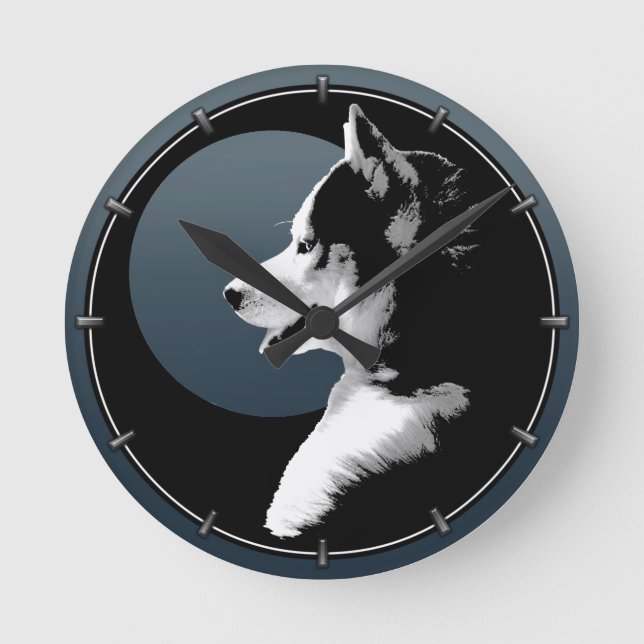 Husky Valp Clock presenterar Decor Sled Hund Wall  Rund Klocka (Framsida)