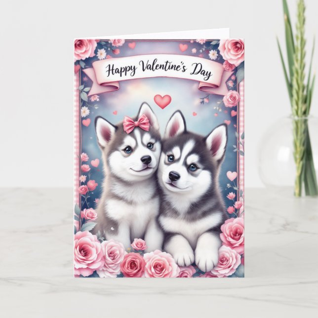 Husky Valp Hundar Alla Hjärtans Dags Välkomstkort Kort (Framsida)