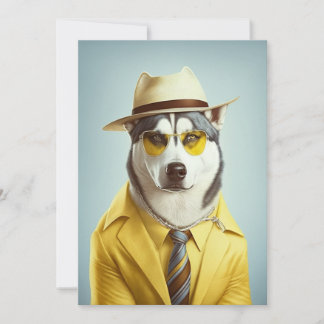 Husky Wearing Gult Kostym, Hat, Sunglass Julkort