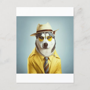 Husky Wearing Gult Kostym, Hat, Sunglass Vykort