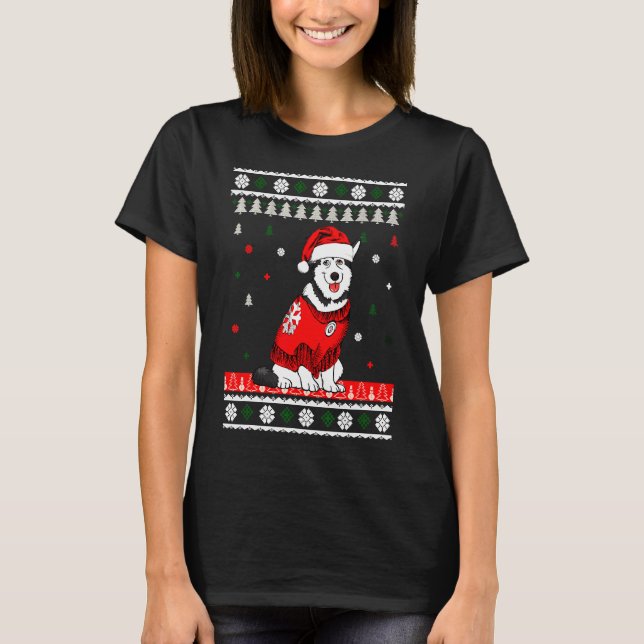 Husky Wearing Santa Hat Träd T Shirt (Framsida)