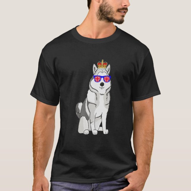 Husky Wearing Sunglasses and Krona England UK Flag T Shirt (Framsida)