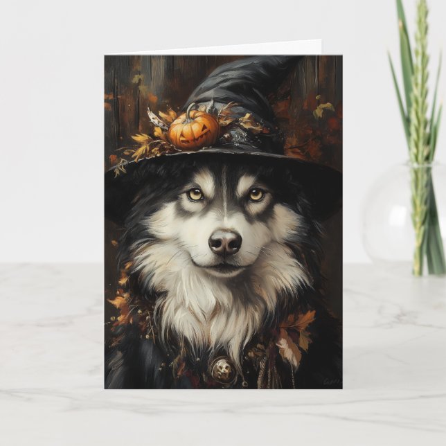 Husky Witch Halloween Helgkort (Framsida)