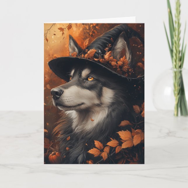 Husky Witch Halloween Helgkort (Framsida)