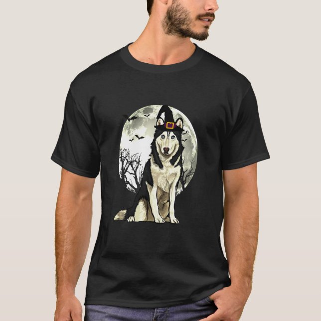 Husky Witch Hat Halloween T Shirt (Framsida)