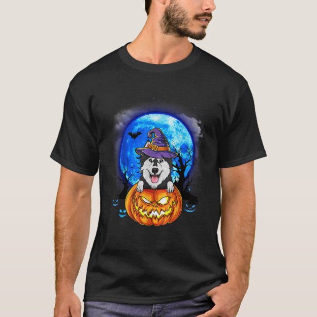 Husky Witch Hat Pumpkin Scary Halloween Hundälskar T Shirt (Framsida)