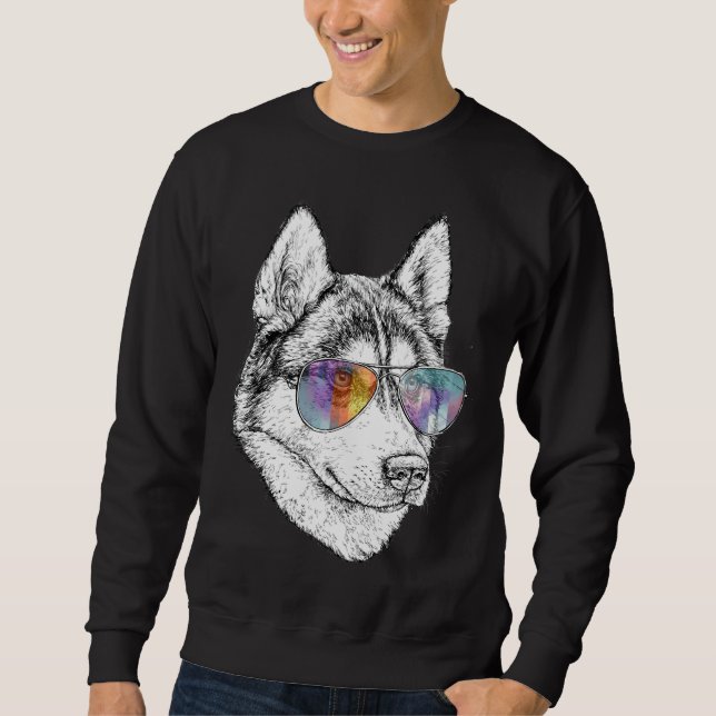 Husky With Aviators Lång Ärmad Tröja (Framsida)