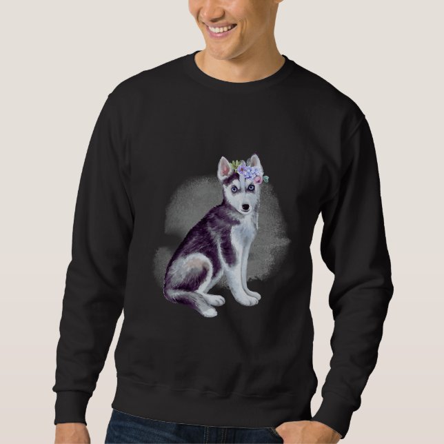 Husky With Flowers Lång Ärmad Tröja (Framsida)