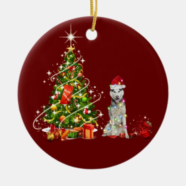 Husky with Hat Scaft jul Julgransprydnad Keramik (Framsidan)