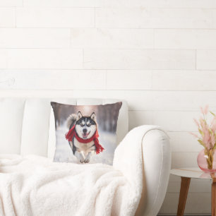 Husky with Red Scarf Kudde