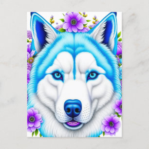 Huskyhund med blå ögon och blommor vykort