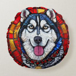 Huskyhund med livfull röd och blå design rund kudde