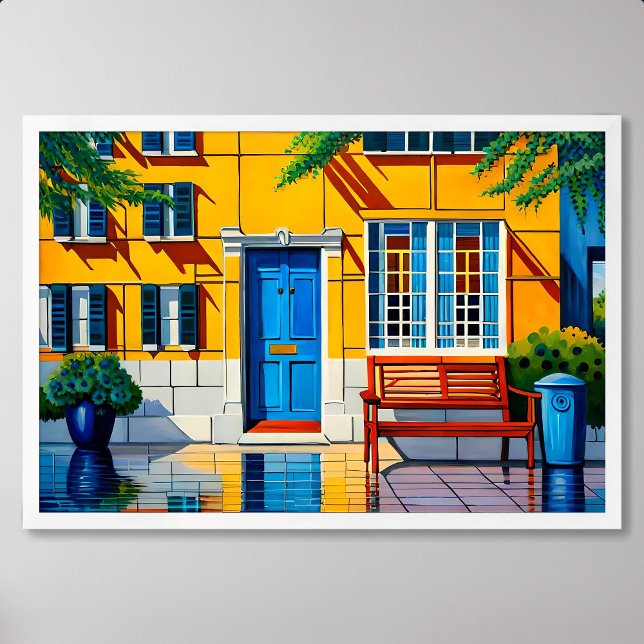 husmålningsvy blådörrsdekorationsanläggning poster (house painting view blue door decorative pot plant)