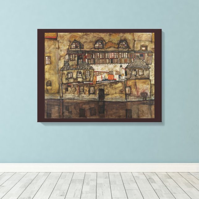 Hustavla vid flod av Egon Schiele Canvastryck (Insitu (trägolv))