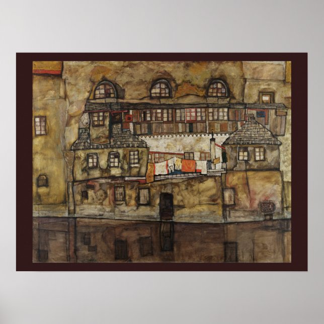 Hustavla vid flod av Egon Schiele Poster (Framsidan)