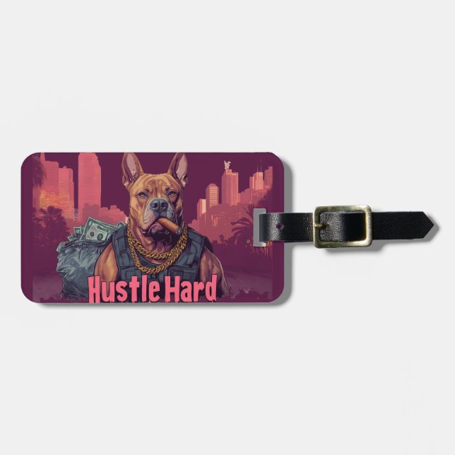 Hustle Hard - Pitbull Hund with Money and Cigar Bagagebricka (Horisontell Framsida)