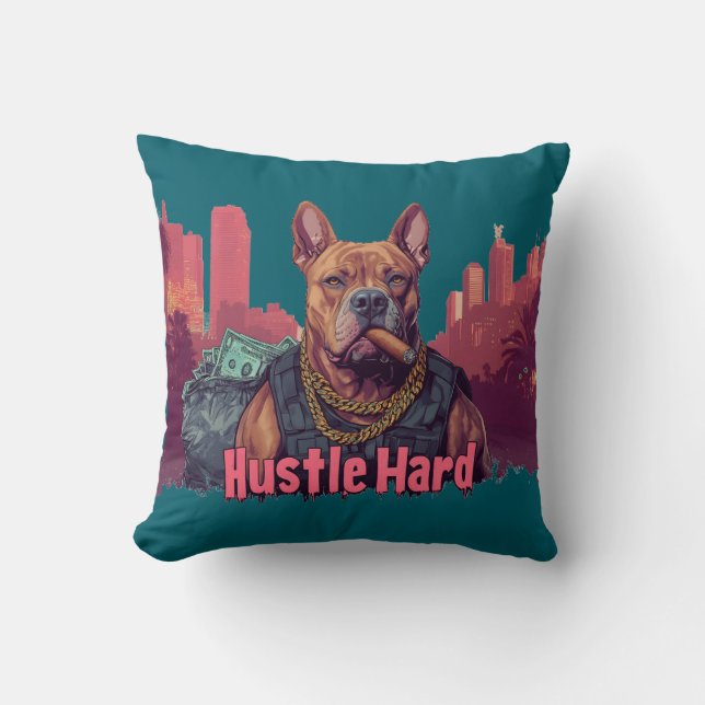 Hustle Hard - Pitbull Hund with Money and Cigar Kudde (Framsida)
