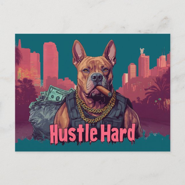 Hustle Hard - Pitbull Hund with Money and Cigar Vykort (Framsida)