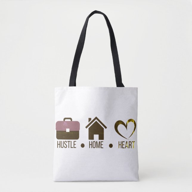 Hustle, Home, Heart: Motiveringational Hoodie Desi Tygkasse (Framsida)