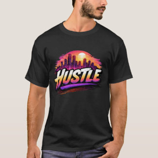 Hustle Retro Synthwave Stad Solnedgång Konst. T Shirt