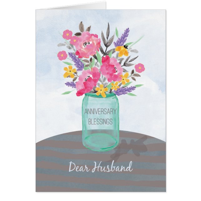 Hustru årsdag välsignelser krukvas med blomma hälsningskort (Framsidan)