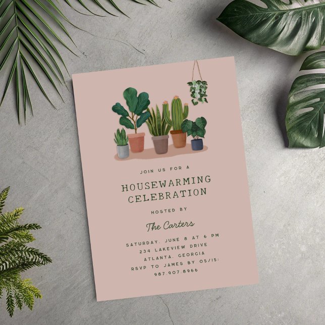 Husväxtillustrationer Inflyttningsfest Inbjudningar (watercolour houseplants housewarming party invitation)