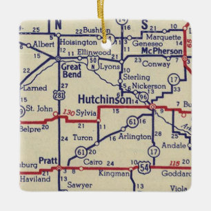 Hutchinson KS Vintage Karta Julgransprydnad Keramik