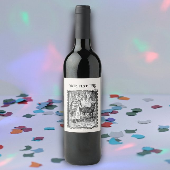 Huvan Fairy Tale Red Riding i Skogen Varg Ram Vinflaska Etikett (Vintage Red Riding hood wolf in woods on black white ornate framed wine bottle label.)